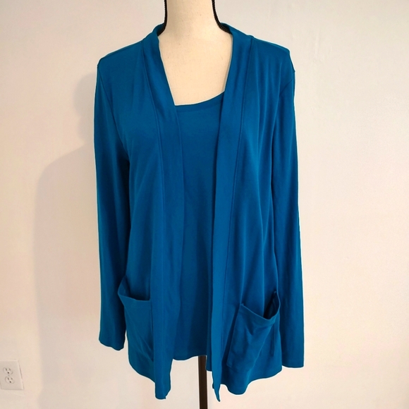 Isaac Mizrahi Live Turquoise Blue 2-in-1 Cardigan and Top Cotton Pockets… - Picture 1 of 6